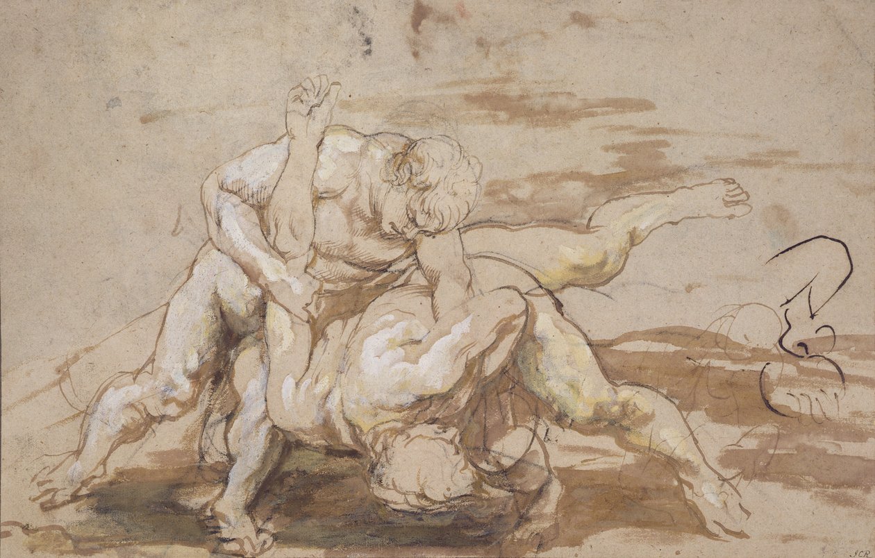 Zápas dvou mužů (uhl, pero a inkoust s mytím na papíře) od Peter Paul Rubens