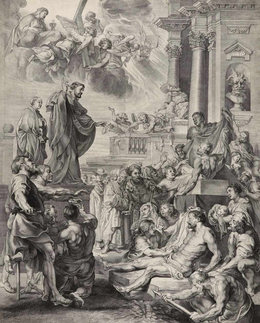 Zázrak svatého Františka Xaverského; Svatý František Xaverský resuscituje mrtvého člověka (rytina na položený papír) od Peter Paul after Rubens