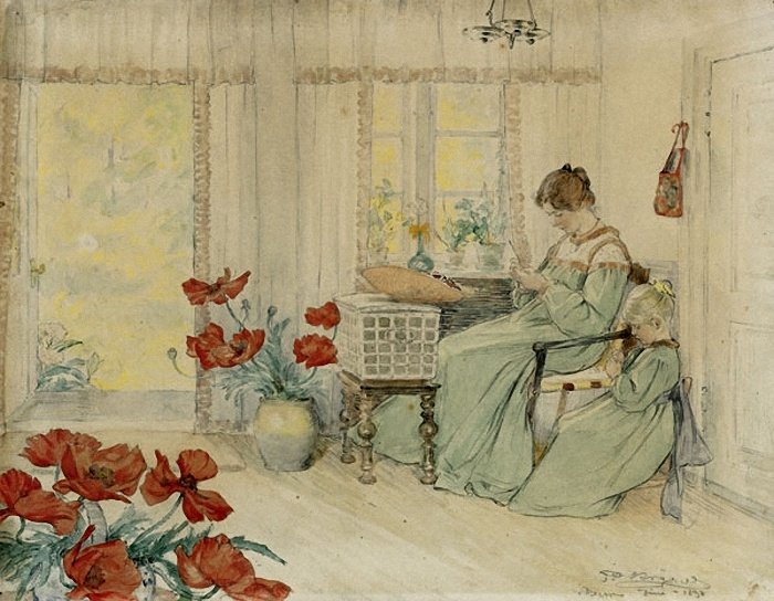 Marie a Vibeke vyšívají u nás doma ve Skagen Plantage od Peder Severin Krøyer