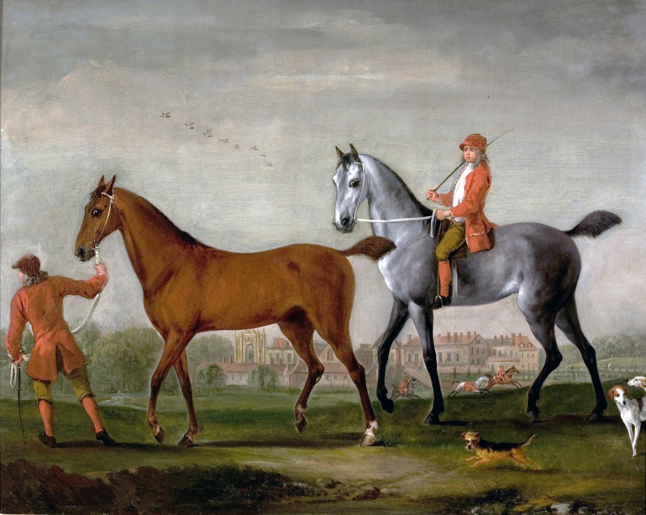 Dva závodní koně s ošetřovateli a honiči v parku v Newstead Abbey, Nottinghamshire, 1724 od Peter Tillemans