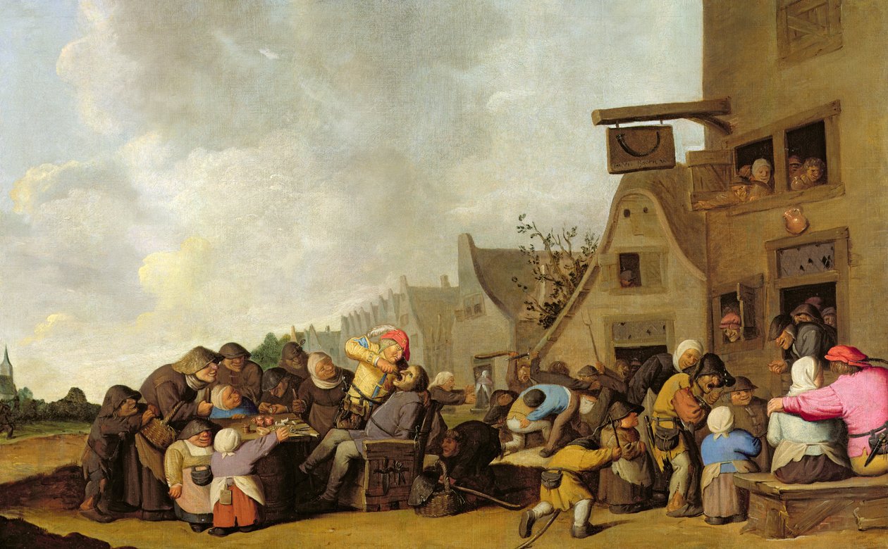 Vesnická scéna se zubařem trhajícím zuby a bojujícími rolníky mimo krčmu, kolem 1630-40 od Peter de Bloot