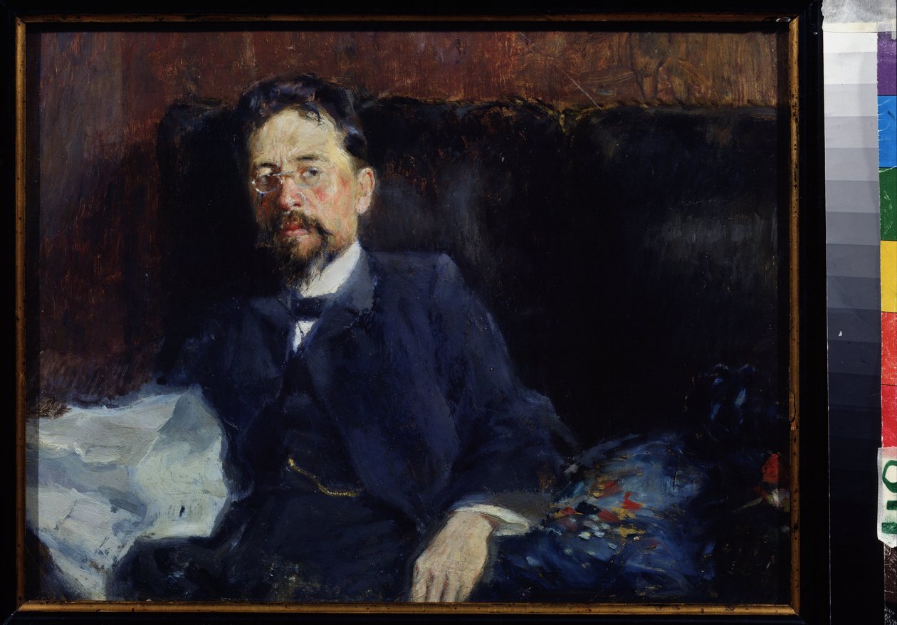 Portrét spisovatele Antona Čechova (1860-1904) (Portrét autora A. Čechova). Obraz Pyotr Alexandrovič Nilus (Pierre Nilous) (Nilouss) (1869-1940/1943), olej na plátně od Peter Alexandrovich Nilus