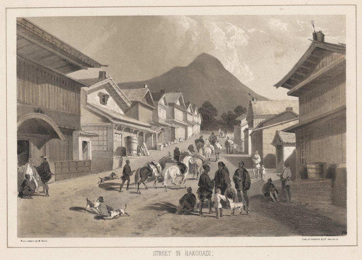 Ulice v Hakodadi, litho od Sarony und Co., 1855 (chromolitho) od Peter Bernhard Wilhelm Heine