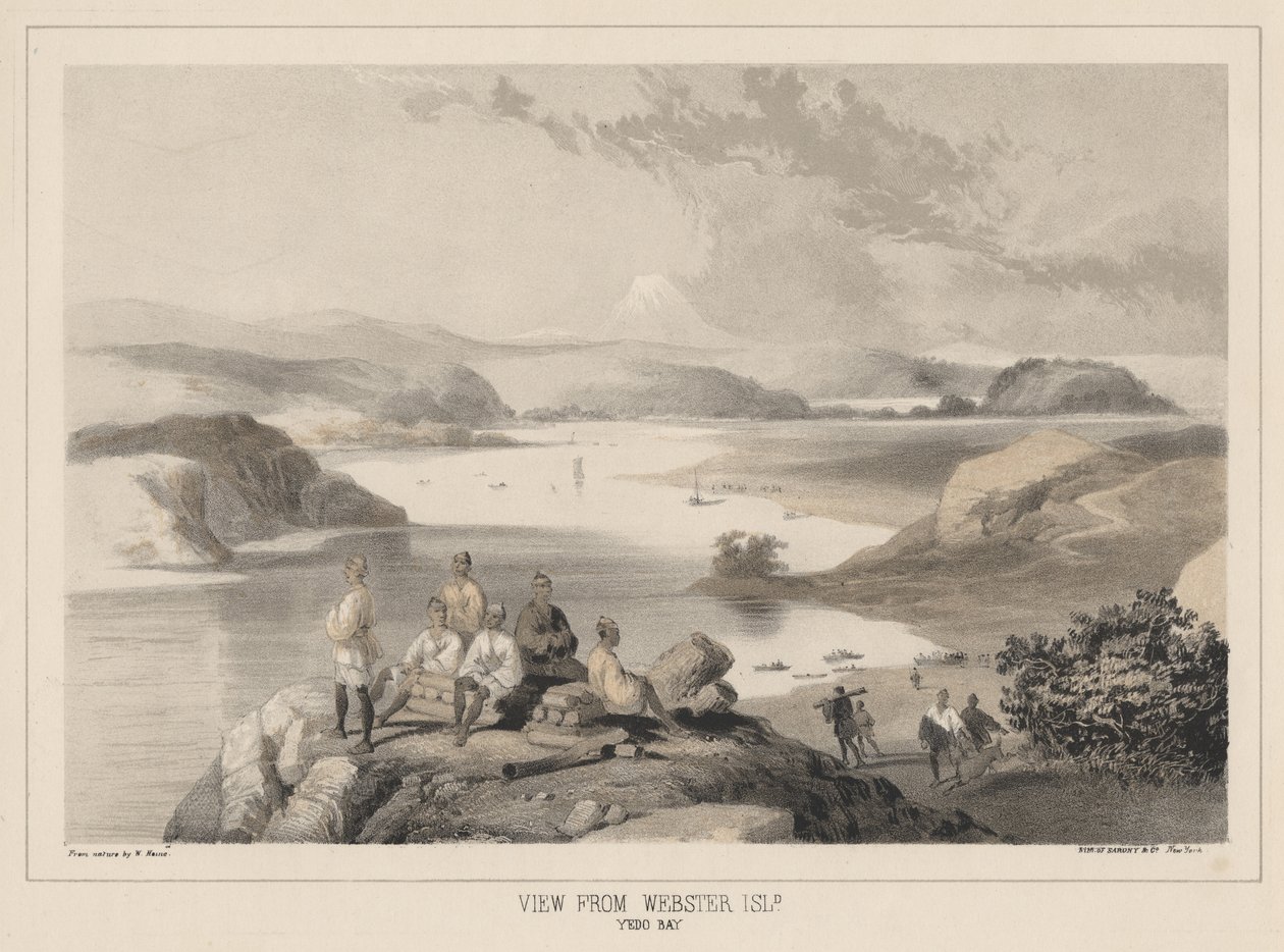 Pohled z ostrova Webster, Yedo Bay, litografie Sarony und Co., 1855 (chromolitografie) od Peter Bernhard Wilhelm Heine