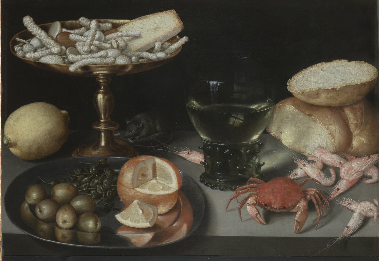 Zátiší s ovocem, sladkostmi, korýši, sklenicí a myší, kolem roku 1620 od Peter Binoit