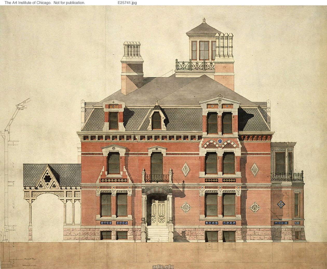 Eliphalet W. Blatchford House, Chicago, Illinois, LaSalle Street Elevation and Partial Section od Peter Bonnett Wight