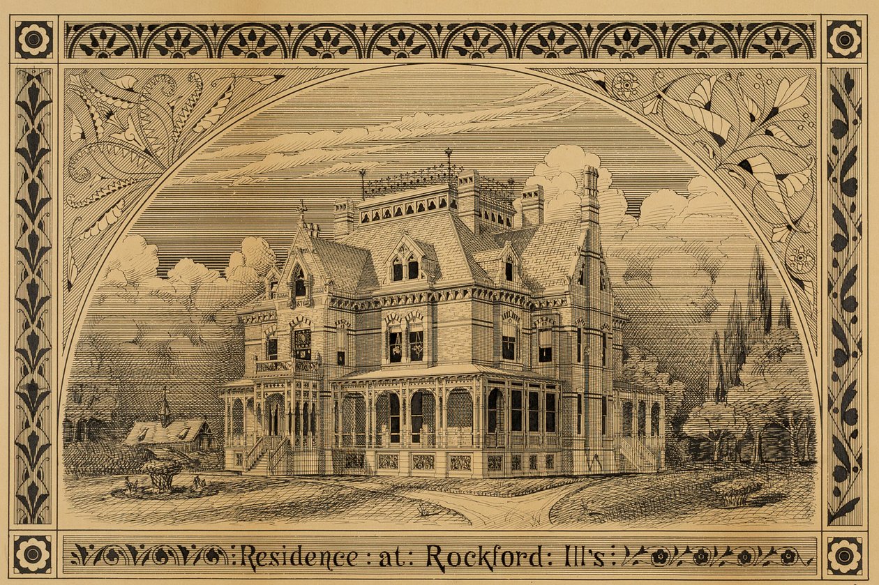 NC Thompson House, Rockford, Illinois, Perspective, 1876. od Peter Bonnett Wight