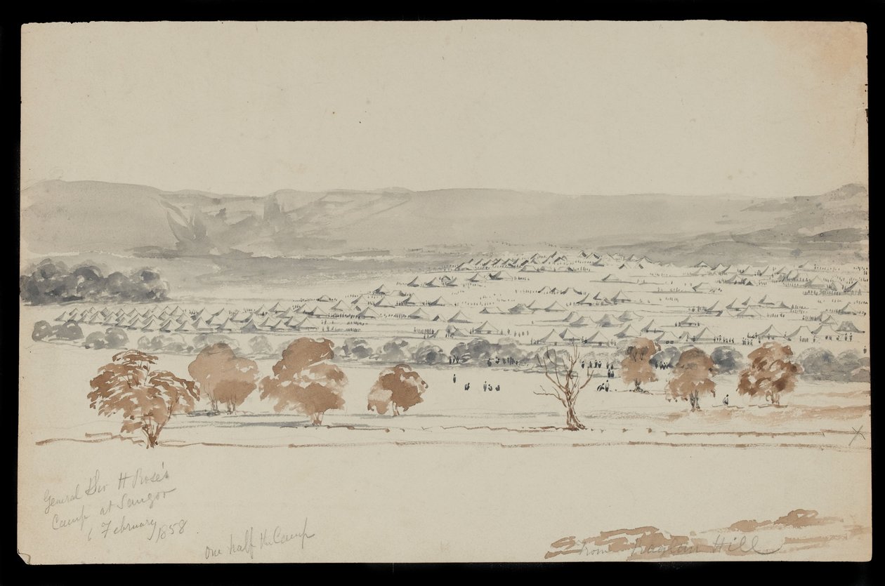 Tábor generála sira Hugha Rose v Saugoru, 6. února 1858 (kresba) od Peter Charles William