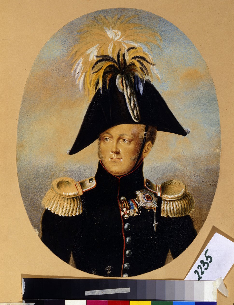 Portrét cara Alexandra I. Pavloviče (1777-1825) (Portrét císaře Alexandra I.) s různými čestnými vyznamenáními, včetně kříže s černozlatou stuhou, císařského a vojenského řádu svatého Jiří (1. vlevo), stuha kříž r od Peter Ernst Rockstuhl