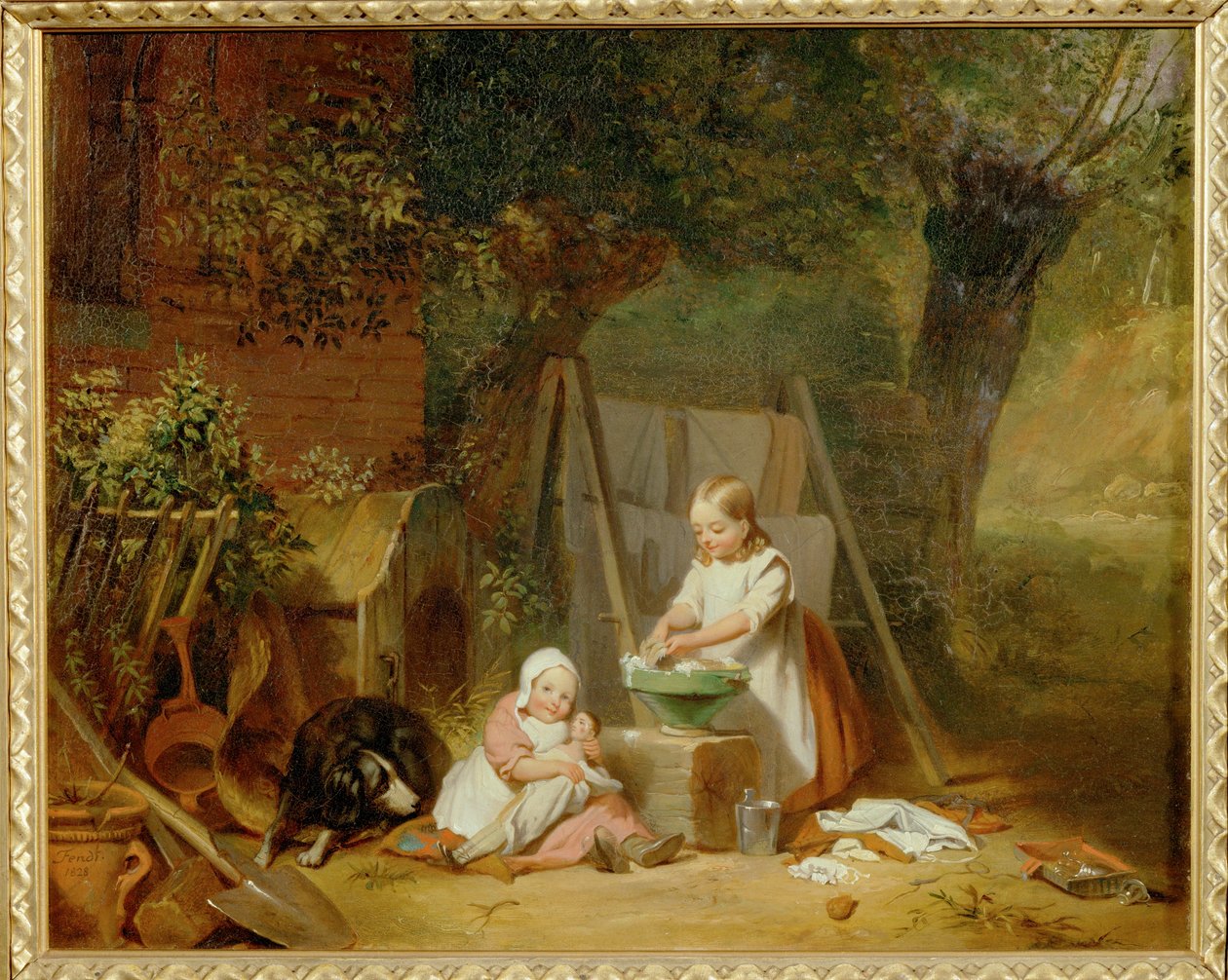 Die Puppenwaesche im Garten - Prádlo pro panenky v zahradě... (olej na dřevě) od Peter Fendi