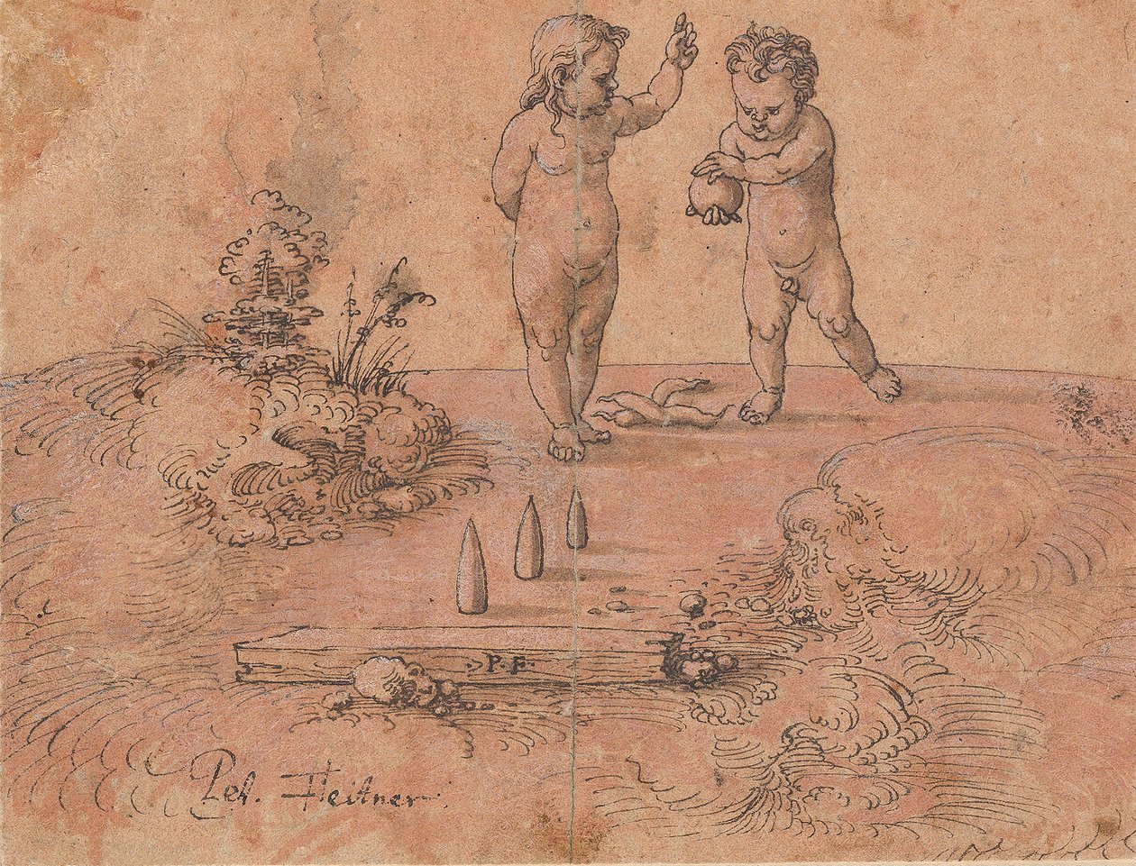 Dvě děti si hrají s míčem, 1500-1546. od Peter Flötner