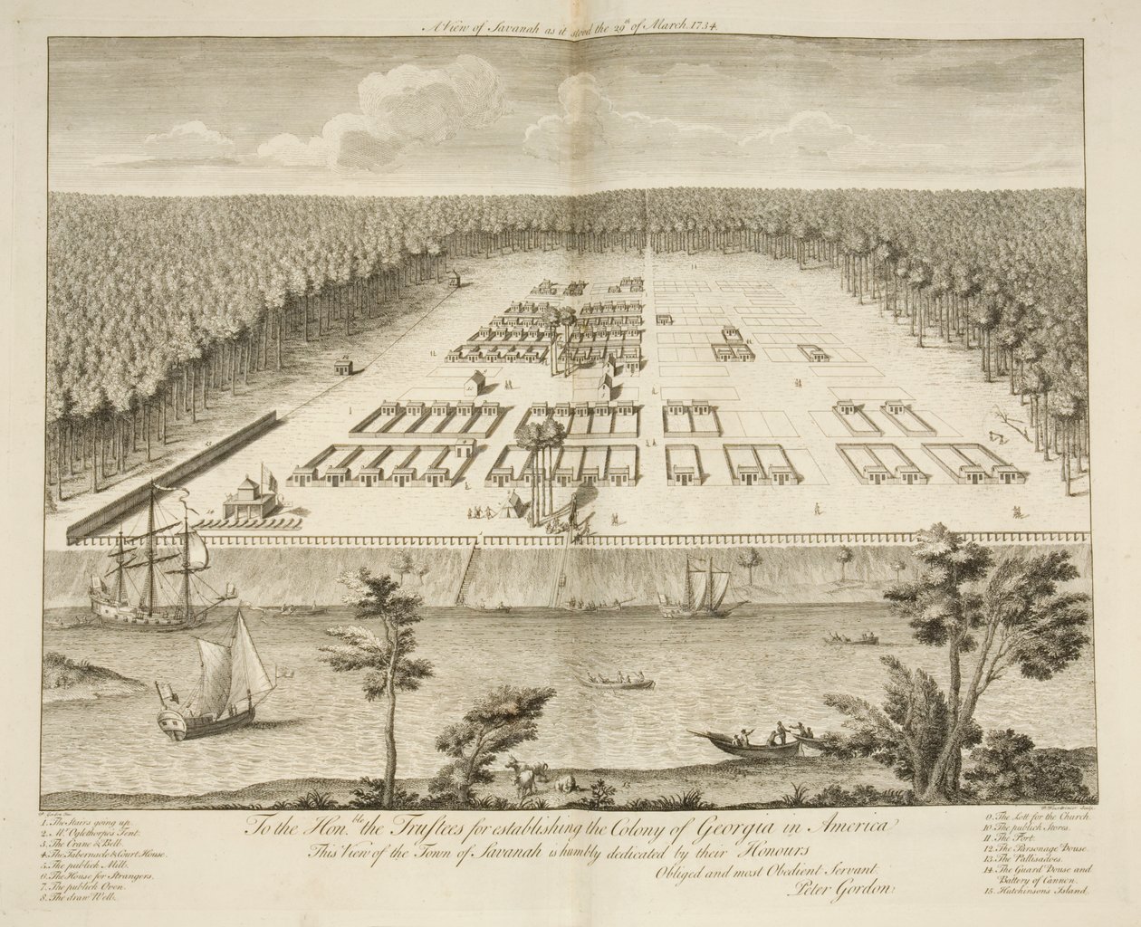 Pohled na Savannah, jak stála 29. března 1734, vyryl P. Fourdrinier, Londýn, kolem roku 1735 (rytina) od Peter Gordon