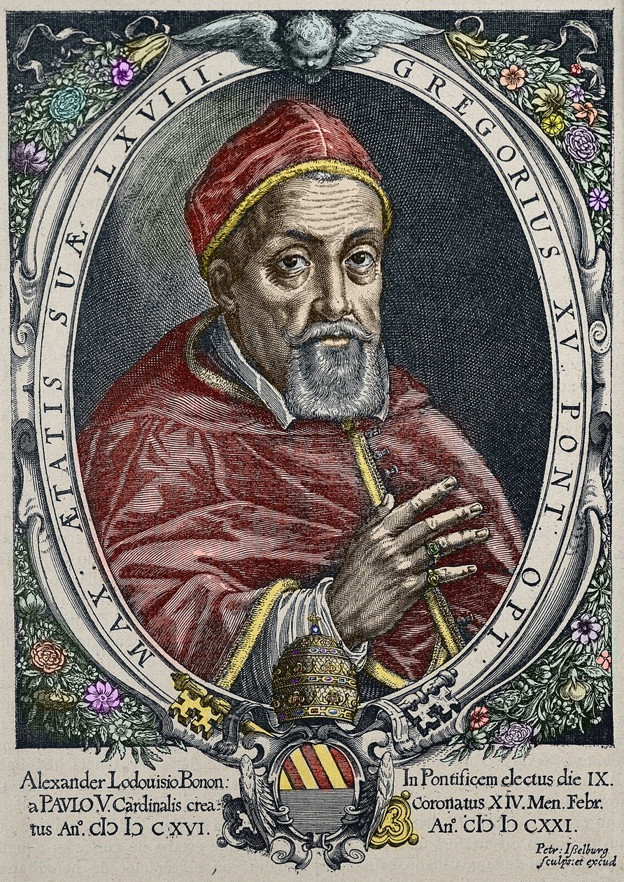 Vyobrazení papeže Řehoře XV (Gregorio, Gregorius nebo Gregory) (1554-1623) Rytina Peter Isselburg - (Portrét papeže Řehoře XV (1554-1623), rytina Peter Isselburg) Soukromá sbírka od Peter Isselburg