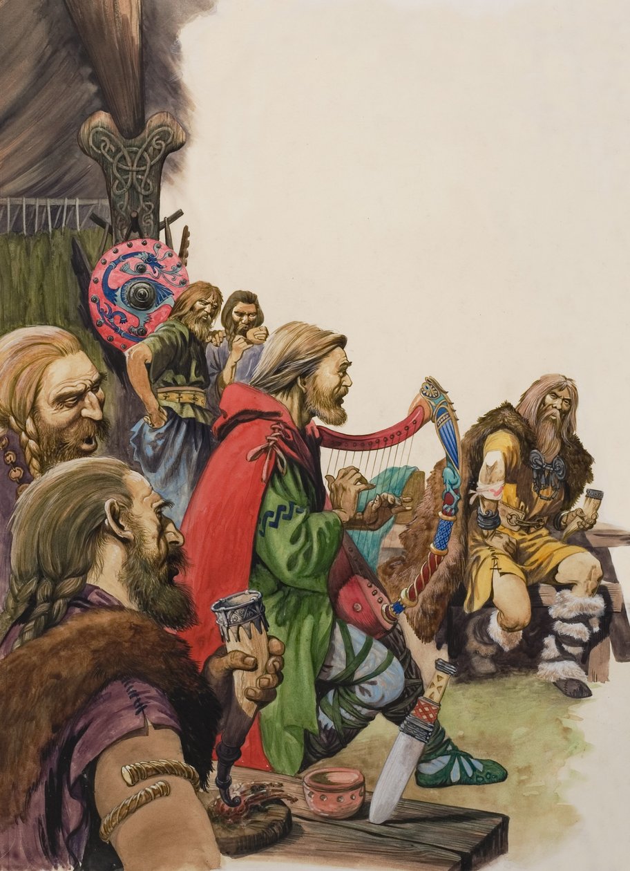 Alfréd (849-899) v převleku za minstrela v táboře krále Guthrama (kvaš na papíře) od Peter Jackson