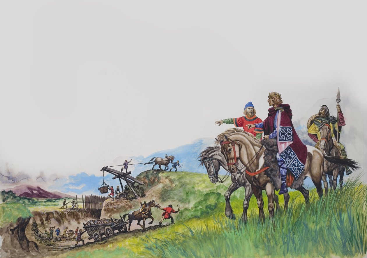 Král Offa (757-96) sleduje stavbu své hráze (kvaš na papíře) od Peter Jackson