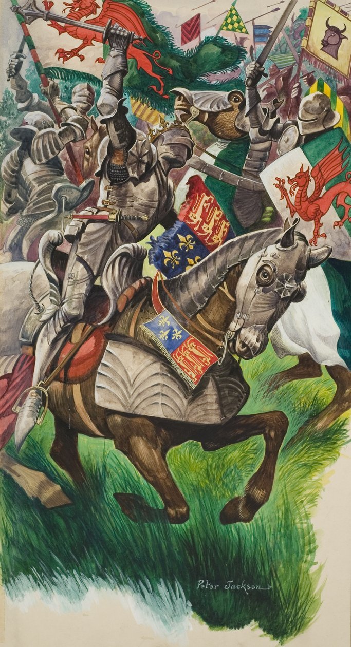 Král Richard (1452-85) a Jindřich Tudor (1457-1509) na bitevním poli u Market Bosworthu v roce 1485 (kvaš na papíře) od Peter Jackson