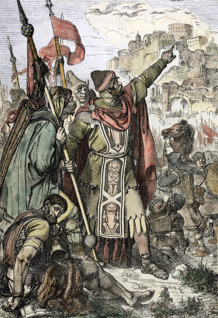Invaze barbarů: „“ Král hunů Attila (406–453) zadržený, aby obléhal město Aquilee v Itálii, sleduje se svými vojáky od Peter Johann Nepomuck Geiger