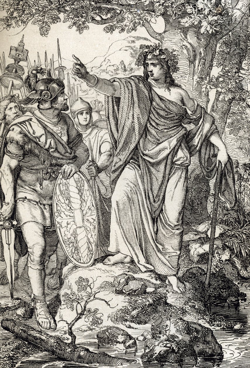 Germánská tažení: „“ Nero Claudius Drusus Germanicus (38–9 př. n. l.) a jeho armáda se kolem roku 12 př. n. l. setká s mladou ženou v oblastech mezi řekami Weser a Labe“ (Dobytí Germánie: generál Nero Claudius Drusus Germanicus a jeho armády dosáhnout t od Peter Johann Nepomuck Geiger