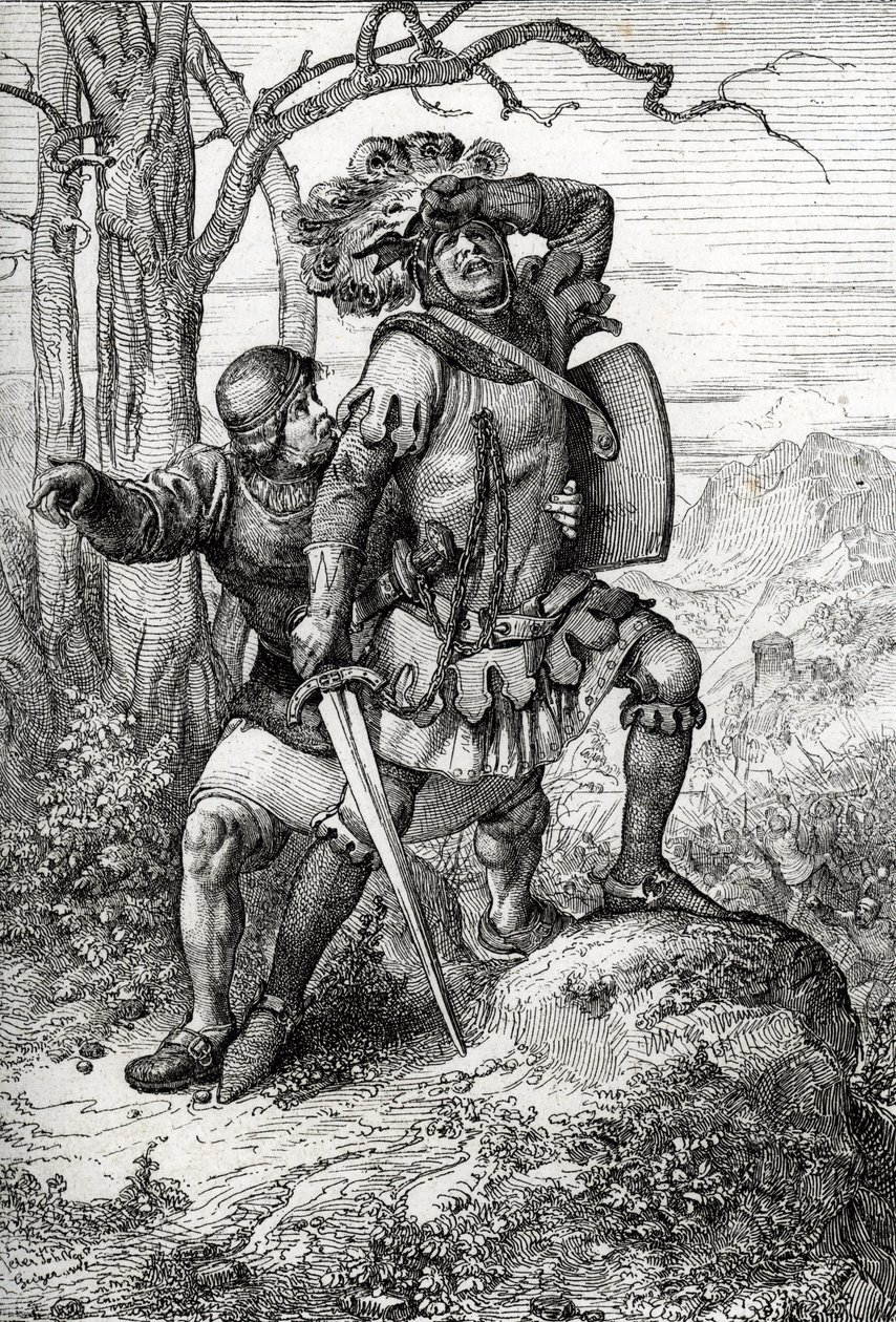Vévoda Leopold I. Rakouský, lord Habsburský zachraňuje jedním ze svých společníků v bitvě u Morgartenu dne 15. listopadu 1315 proti švýcarským konfederacím ve Švýcarsku (bitva u Morgartenu dne 15. listopadu 1315, Leopold I., vévoda rakouský zachráněn voják od Peter Johann Nepomuck Geiger