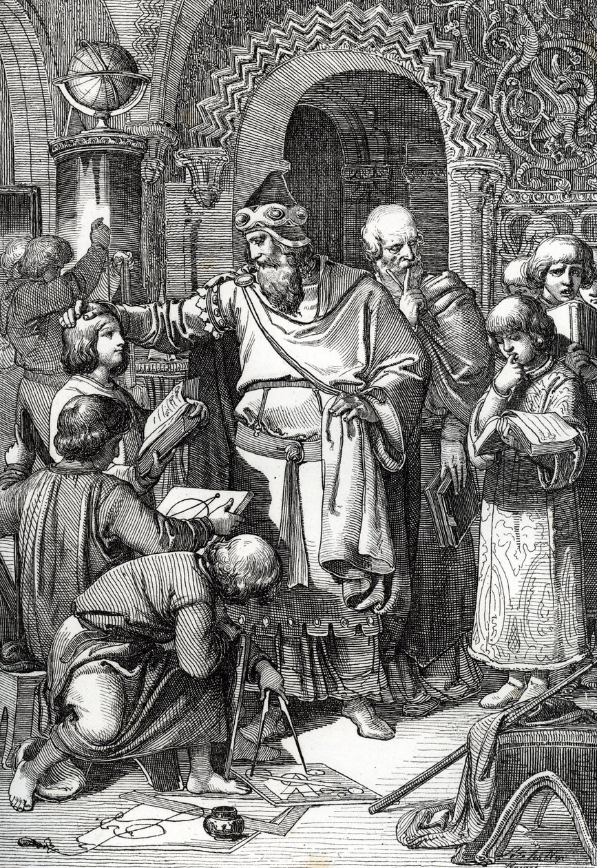 Císař Karel Veliký (742-814) zakladatel školního setkávání dětí“ (Císař Karel Veliký se setkává s dětmi, jeho zájem o vzdělání a učení a mecenášství učenců způsobily, že je považován za patrona škol) Kresba a la pero pneumatiky o od Peter Johann Nepomuck Geiger