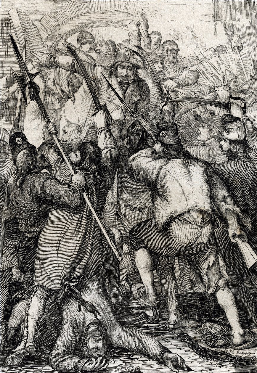 Francouzská revoluce: Ozbrojený a zuřivý lid vstupující přes padací most a vraždící posádku a guvernéra během útoku na Bastille od Peter Johann Nepomuck Geiger