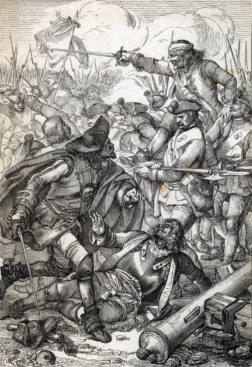 Velká severní válka: „“ Bitva o Poltavu (nebo Pultawu) mezi Armee Petra I. Ruského a vojsky Karla XII. Švédska, 8/07/1709““ (Velká severní válka: Bitva u Poltavy, 8. července 1709 ) Kresba peří z „“ Historische Memorabilian des od Peter Johann Nepomuck Geiger