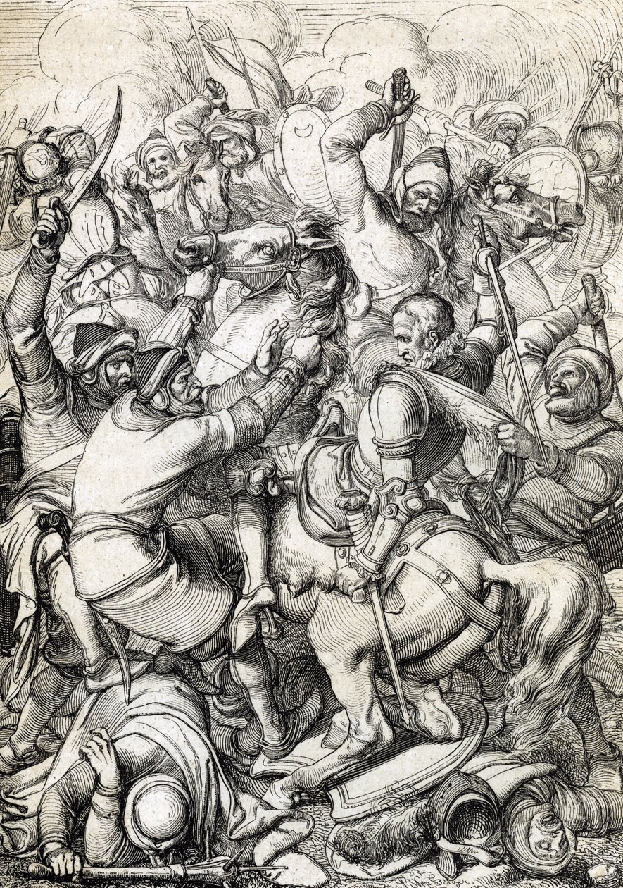 Portugalský král Sebastian I. (1554-1578) zajatý v bitvě u Alcacer-Quibir (Ksar el-Kebir neboli bitva Tří králů) 4. srpna 1578 v Maroku (zajetí portugalského krále Sebastiana I. v bitvě u Ksaru El Kebir (Bitva tří králů nebo Alcacer Qu od Peter Johann Nepomuck Geiger