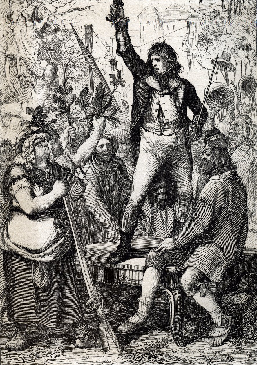 Vypuknutí francouzské revoluce v roce 1789: shromážděné obyvatelstvo je vyzváno, aby si vybralo barvu kokardy a chopilo se zbraně (historické) Anton Ziegler od Peter Johann Nepomuck Geiger