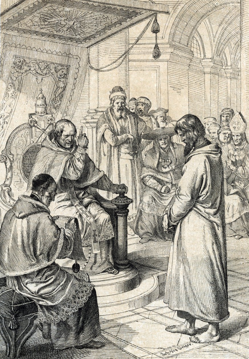 Queril of investitutures, penitence of Canossa: V Canossa císař Jindřich IV ze Svaté říše římské (1050-1106) v kajícném oděvu prosí o odpuštění papeže Gregoire VII (Hildebrand: 1015/20-1085), který v lednu 1077 učinil čestnou nápravu “ (Val od Peter Johann Nepomuck Geiger