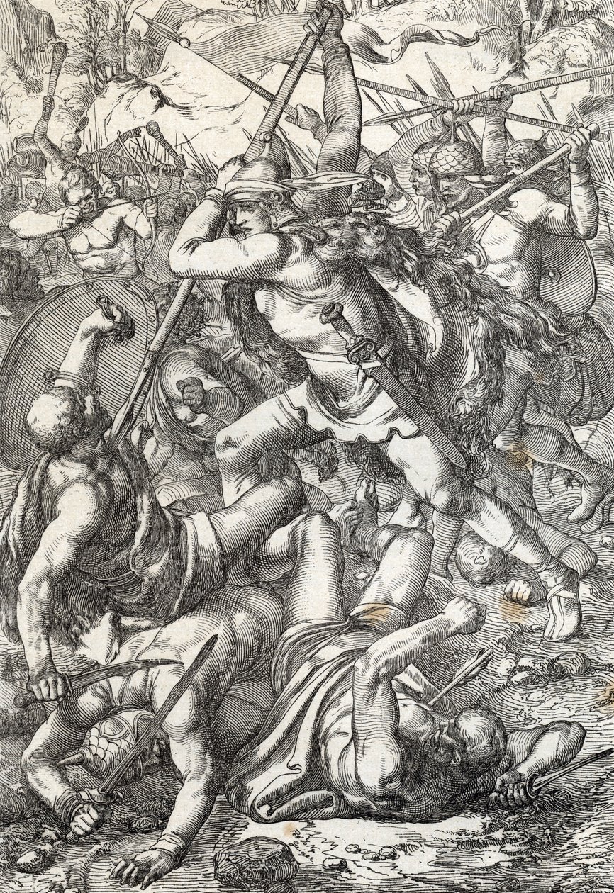 Reprezentace Pelage dobyvatele (Pelagius nebo Pelayo) (zemřel 737) král Asturias vítězný nad Saracény, 719 Covadonga, Španělsko od Peter Johann Nepomuck Geiger