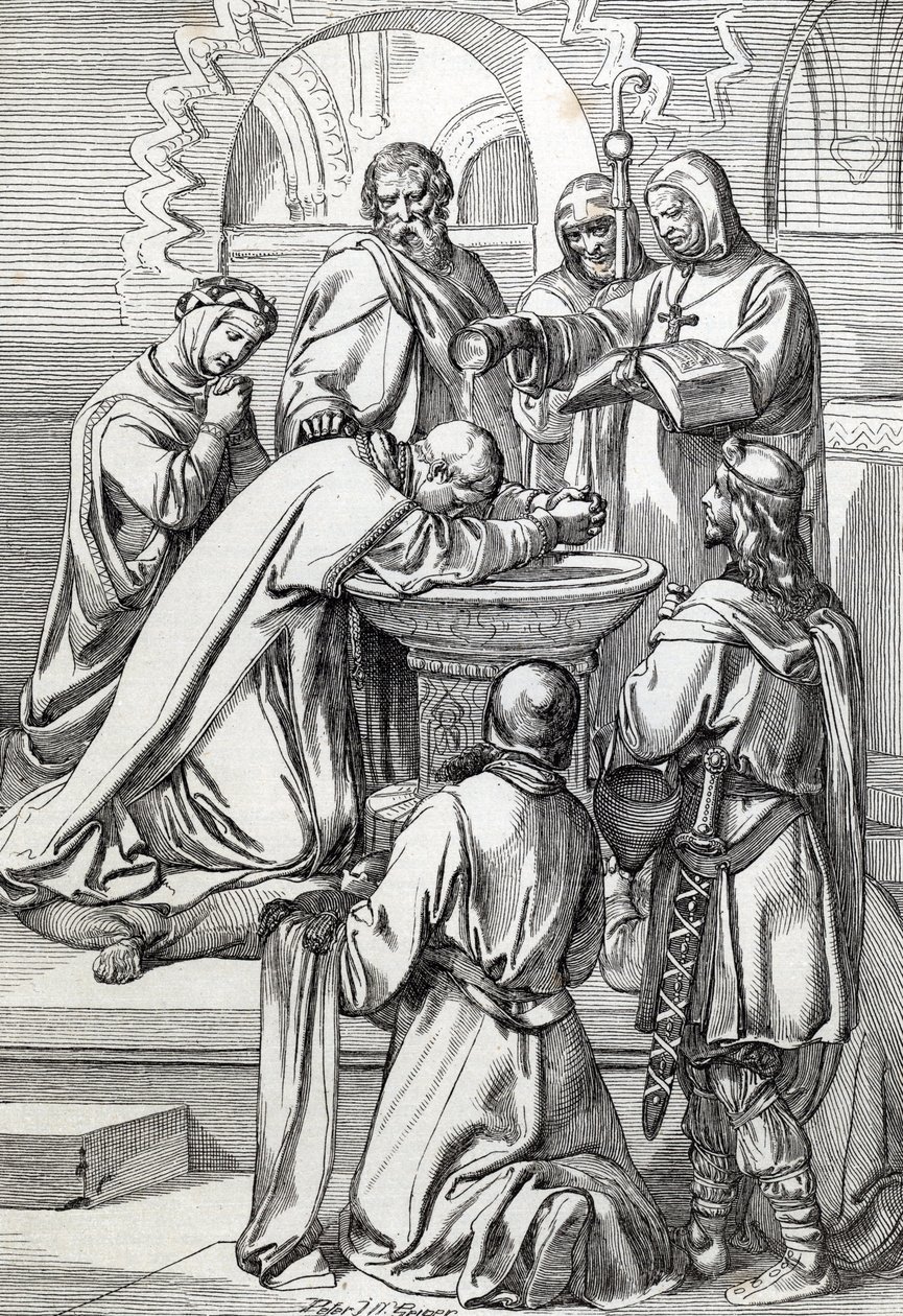 Zastoupení svatého Augustina z Canterbury (zemřel 604), vyslaného do Anglie papežem Gregoirem Velikým v roce 596, aby obrátil Anglosasy - Je zde před Ethelbertem, anglosaským králem Kentu (552? -616), kterého pokřtil v r. 597 (Augustine, první biskup o od Peter Johann Nepomuck Geiger