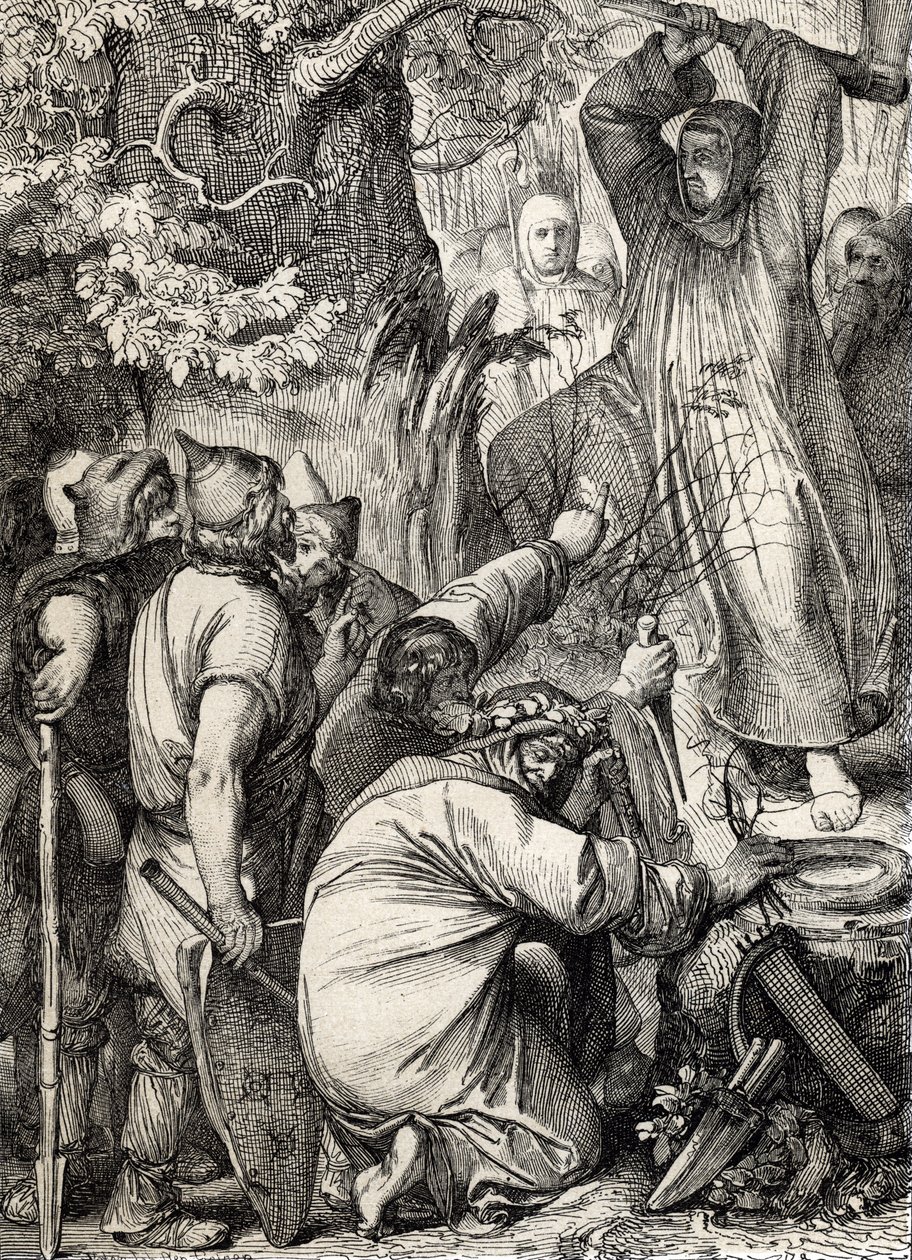 Reprezentace svatého Bonifáce z Mohuče (680-754), který kácí Thorův dub, aby přesvědčil druidy, že to není posvátný strom (Svatý Bonifác (Bonifacius) ničící Thorův dub (Donarův nebo Jovův dub) posvátný strom germánských pohanů, převést na od Peter Johann Nepomuck Geiger