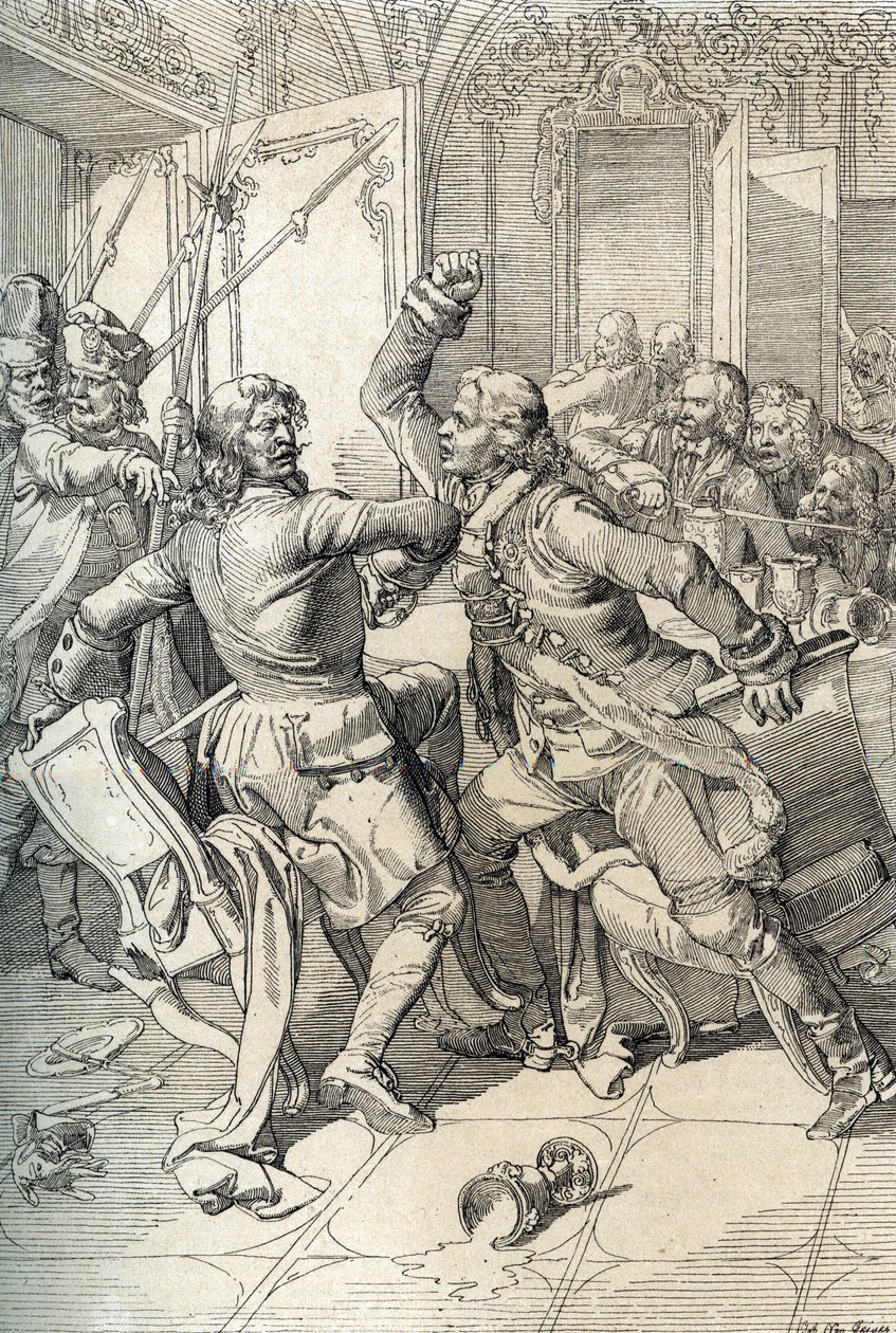 Streltsyho povstání: zatčení členů streleckých pluků (strelců) po jejich pozvednutí v roce 1698 proti pokrokovým inovacím cara Petra Velikého, Rusko (Streltsyho povstání: podezřelí členové moskevských streleckých pluků zatčeni po Streltsy u od Peter Johann Nepomuck Geiger