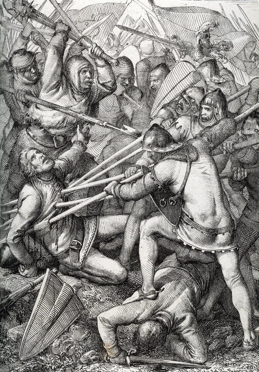 V bitvě u Sempachu došlo 9. července 1386 mezi Leopoldem III., vévodou rakouským a Starošvýcarskou konfederací, nakresleným perem z „Historische Memorabilian des In-und Auslandes“ (Historické vzpomínky) od Antona Zieglera. od Peter Johann Nepomuck Geiger