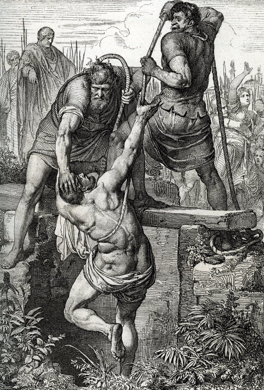 Byzantský císař Zenon (425-491) se vrátil do Konstantinopole, nechal uzurpátora Flavia Basiliska (Baziliška) zavřít se svou rodinou, 477 (zemřel Basiliscus uzavřený v suché cisterně, aby zemřel na následky vystavení, římským císařem Zeno, 477) Kresba pero  od Peter Johann Nepomuck Geiger