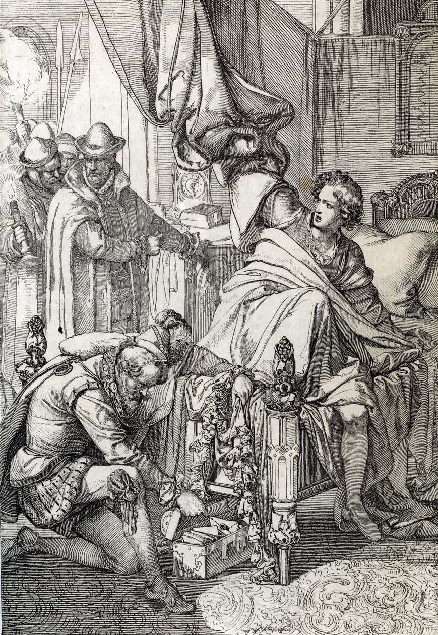 Zatčení Karla Rakouského (1545-1568) (Don Carlos), syna Filipa II. Španělského v roce 1568 muži jeho otce (Carlos, princ z Asturie, nejstarší syn a dědic španělského krále Filipa II., uvězněný jeho otec počátkem 1568) Kreslení perem d od Peter Johann Nepomuck Geiger