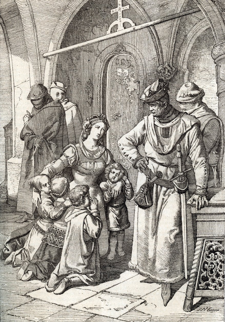 Atentát na vznešenou dámu Ines de Castro (1320-1355), druhou manželku Petra I. (Pedro I) Portugalského v klášteře Santa Clara de Coimbra, Portugalsko 1355 (manželka portugalského krále Petra I. Ines Castro v klášteře Santa Clara v Co od Peter Johann Nepomuck Geiger