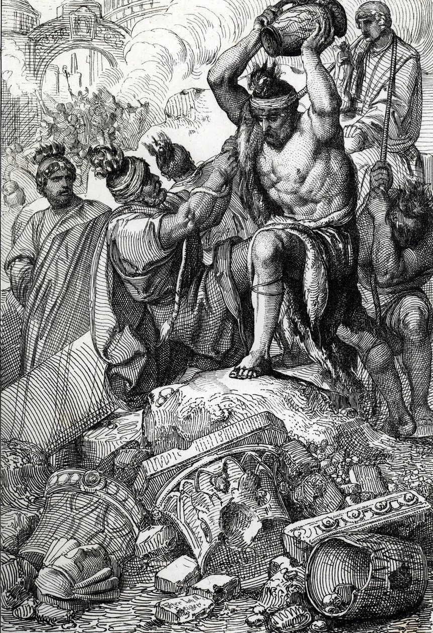 Pytel Říma (Itálie), v roce 410, odvezen z města a vydrancován Vizigóty vedenými Alarichem (370-410) (Vyplenění Říma Vizigóty vedenými Alarichem I. v roce 410, za vlády císaře Honoria) Kresba pero nakreslené z „Historische Memorabilian des In- od Peter Johann Nepomuck Geiger