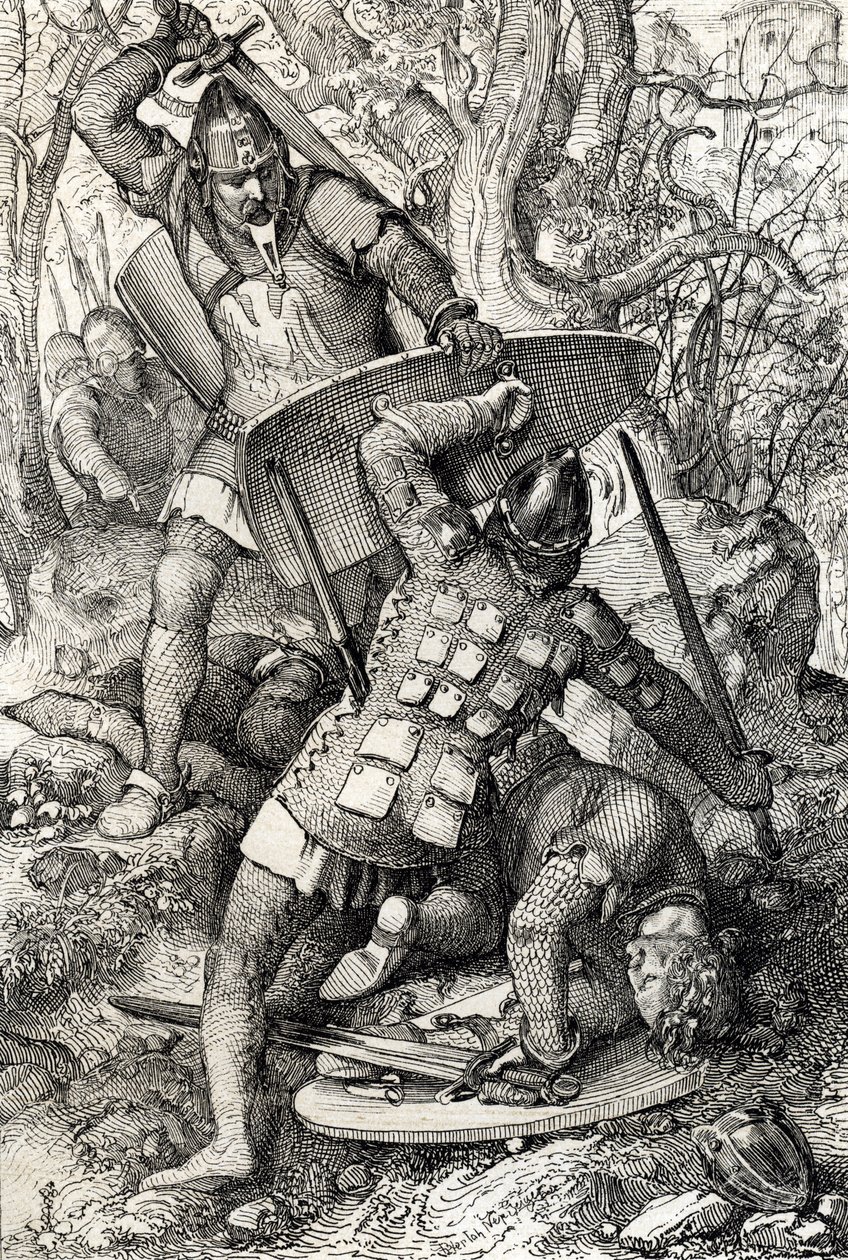 Smrt Ernesta II Švábského (1010-1030) v bitvě proti předvečer Kostnice, Německo (Smrt Ernesta II., vévody švábského v Kostnici, Německo od Peter Johann Nepomuck Geiger