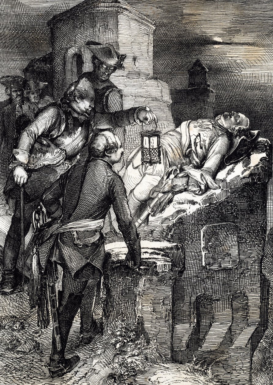 Smrt švédského krále Karla (nebo Carla) XII. (1682-1718) během obléhání první norské pevnosti Fredriksten od Peter Johann Nepomuck Geiger