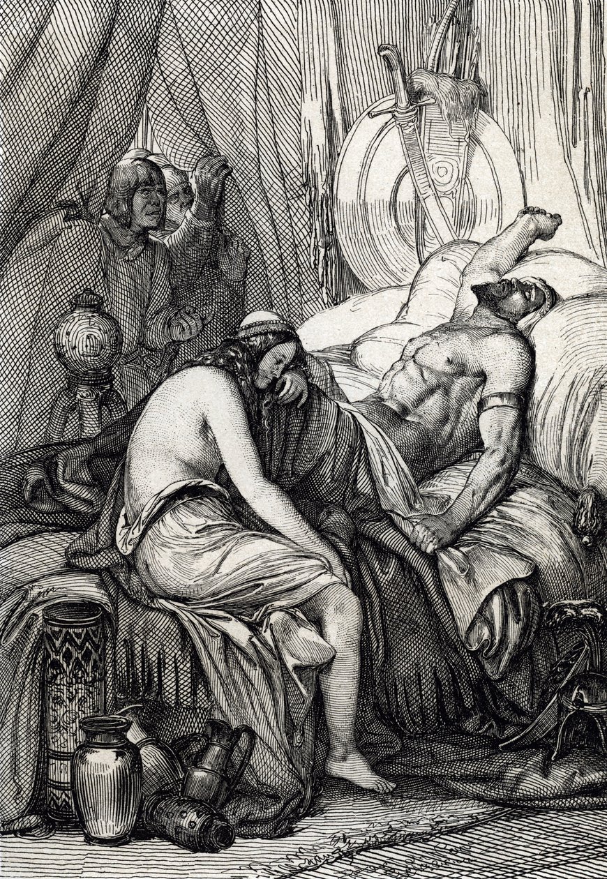 Smrt krále Hunů Attily (395–453) během spánku o svatební noci s germaine Ildico, 453 (Smrt Attily, vládce Hunů o svatební noci, její nevěsta Ildico pláče nad jeho tělem, 453 ) Kresba peříčka čerpaná z „Historis od Peter Johann Nepomuck Geiger