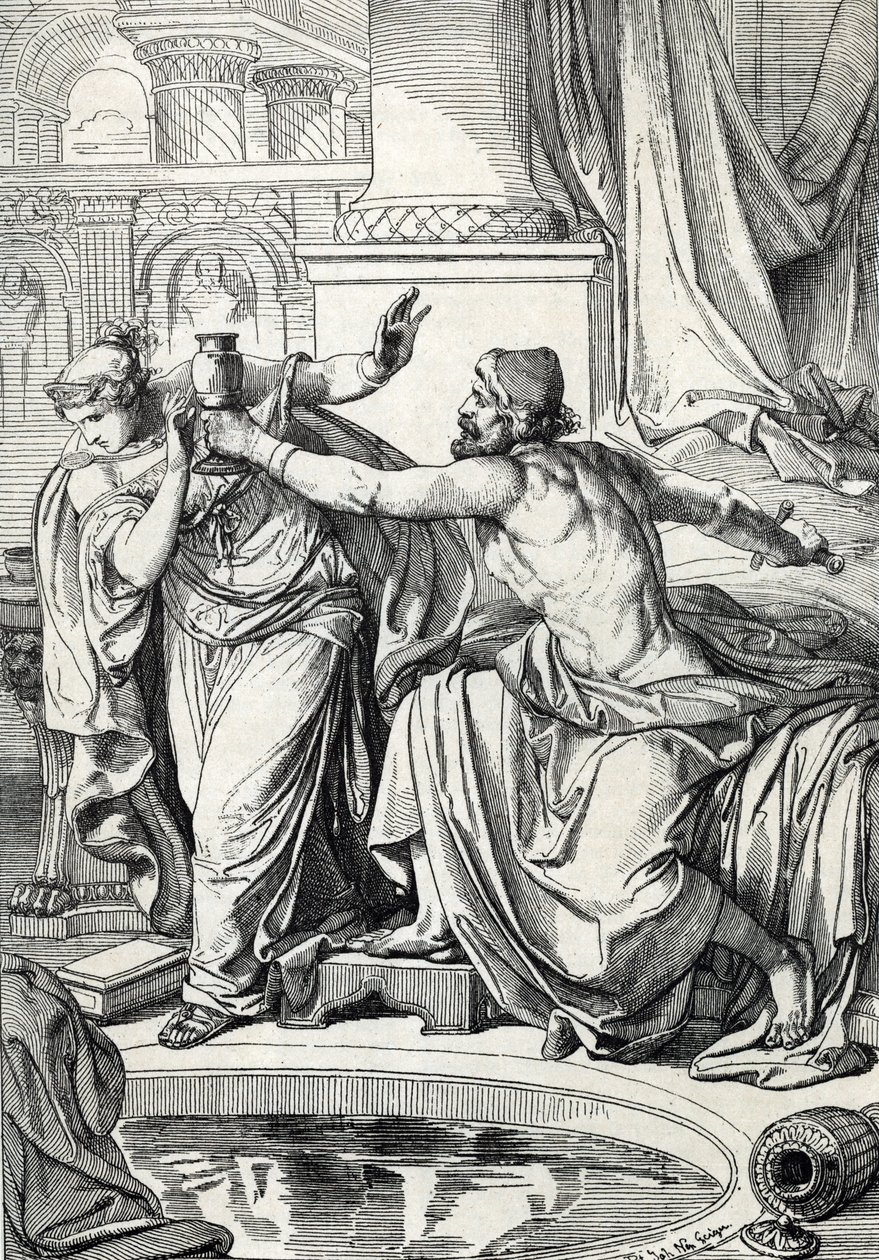 Gepid princezna Rosemonde (zemřela 572) a její milenec vrah jejího manžela krále Alboina se otrávili stejným pohárem jedu, 572 (Gepid princezna Rosamund (nebo Rosamunde) a její milenec se zabili stejným pohárem jedu, 572) Kresba A od Peter Johann Nepomuck Geiger
