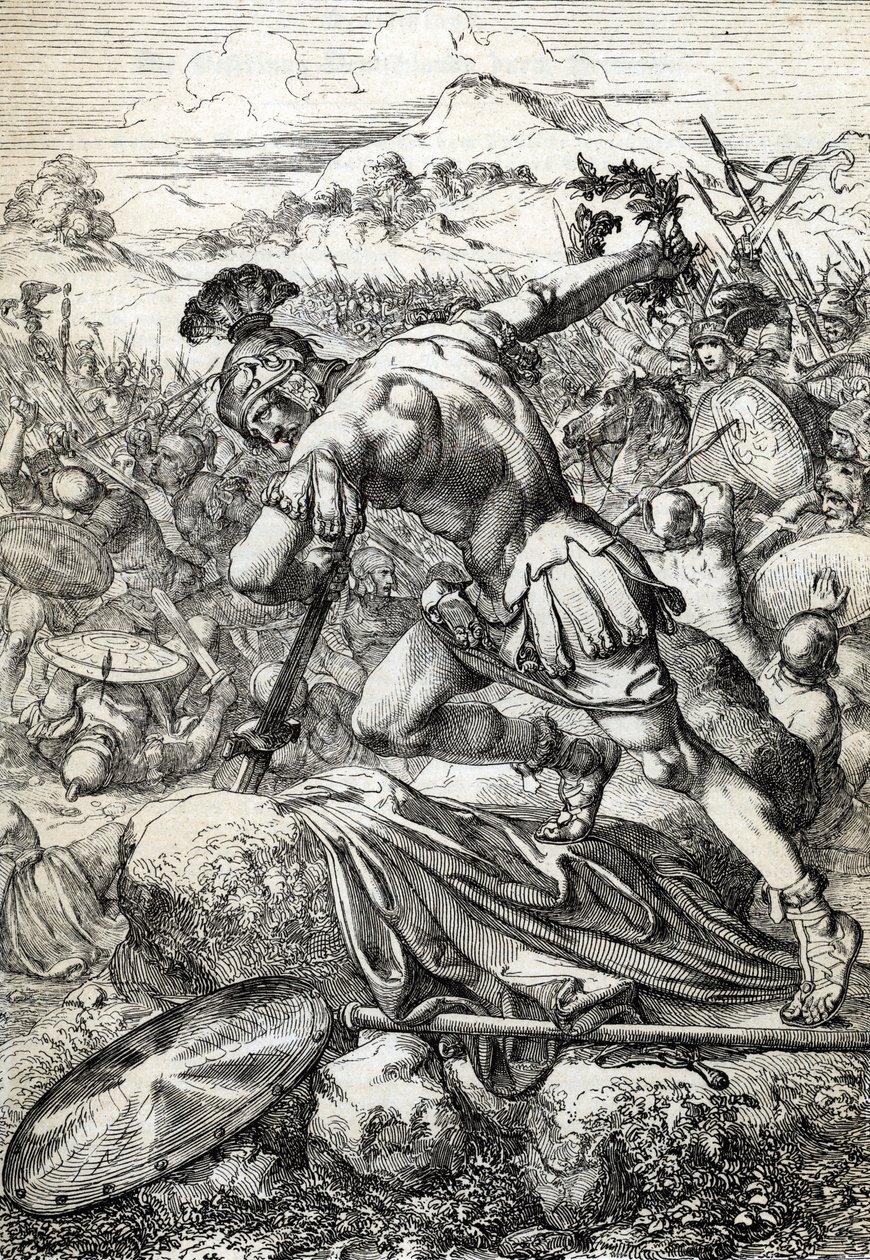 Sebevražda římského generála Vara (Publius Quinctilius Varus) (46 př. n. l. – 9 n. l.) na jeho meči v bitvě u Teutoburgu (Teutoburger Wald nebo Teutberg), který se postavil proti Římanům a Germánům v roce 9 n. l. (Sebevražda římského generála Vara v bitvě  od Peter Johann Nepomuck Geiger