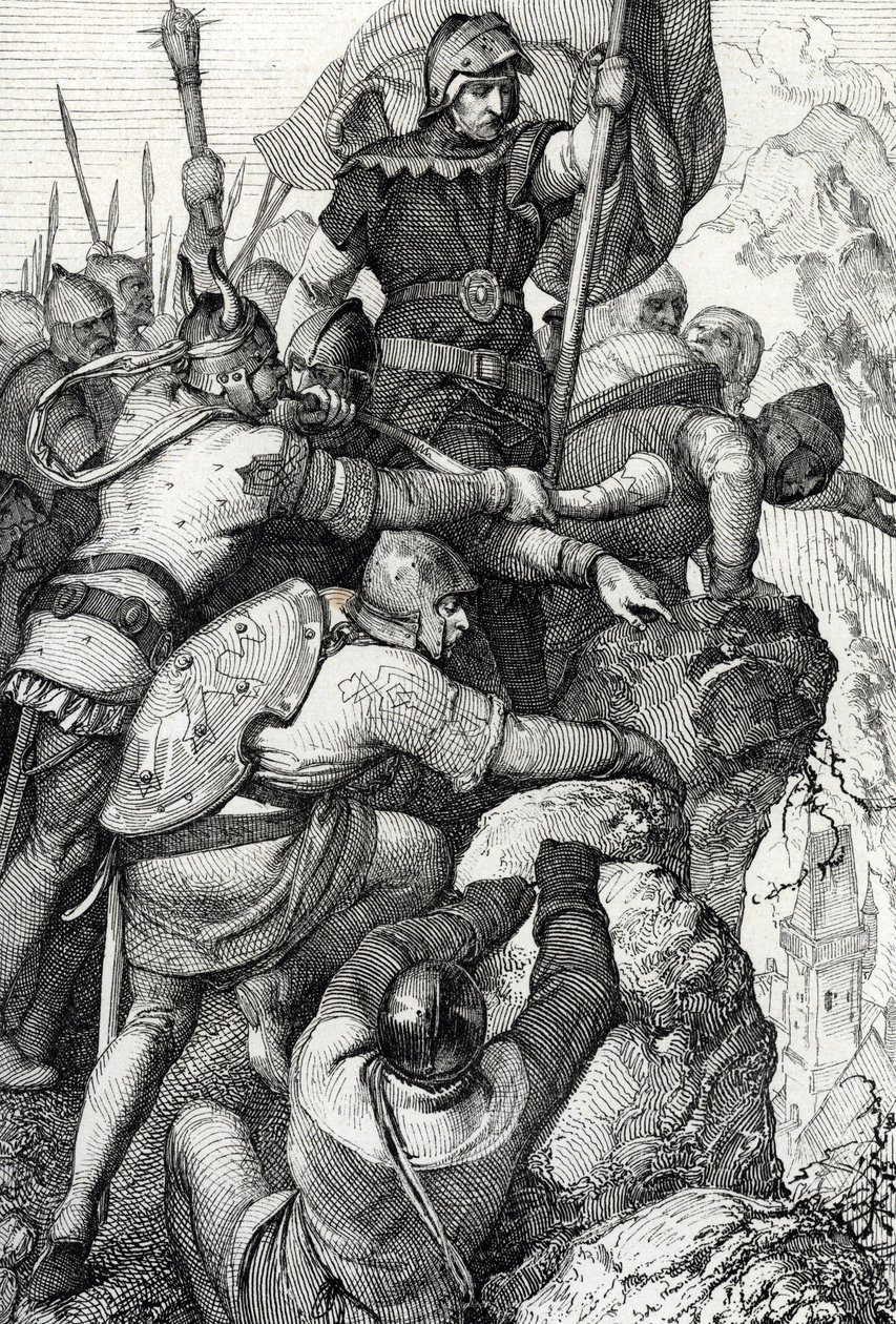 Vojska Othona I. z Baviere (1117-1183) u Verony v Itálii 1155 (Otto I., vévoda bavorský a jeho armáda u Verony, Itálie 1155) Kresba peří z „Historische Memorabilian des In-und Auslandes““ (Historické suvenýry) od Antona Zieglera od Peter Johann Nepomuck Geiger
