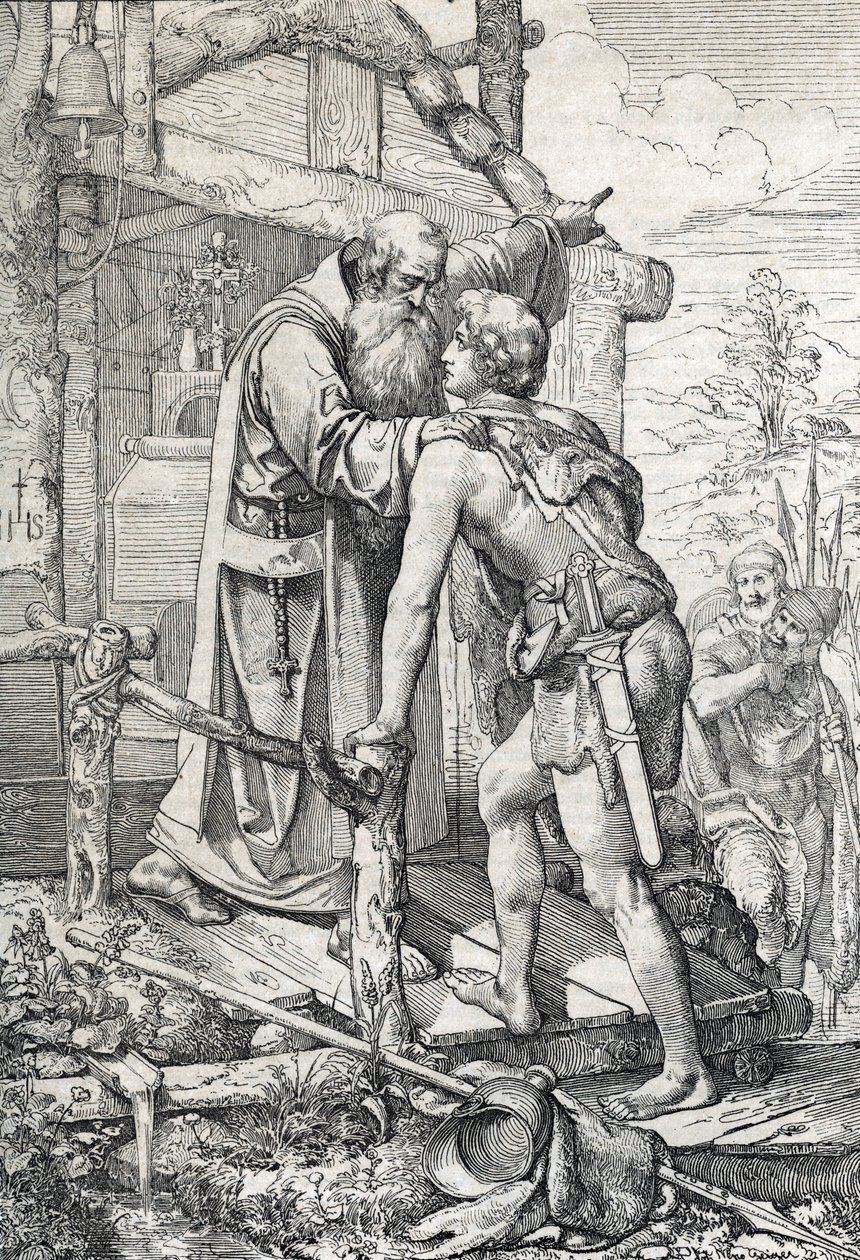 Mladý Odoacre (asi 433-493) přijímající požehnání Severina, Apotre de Norique, ca. 470 (Odoacer se setkává s mnichem Severinem z Noricum, který ho dozví, že se jednoho dne stane slavným, 470 ca) Kreslení pera nakresleného z „“ Historische Memorabilian des od Peter Johann Nepomuck Geiger
