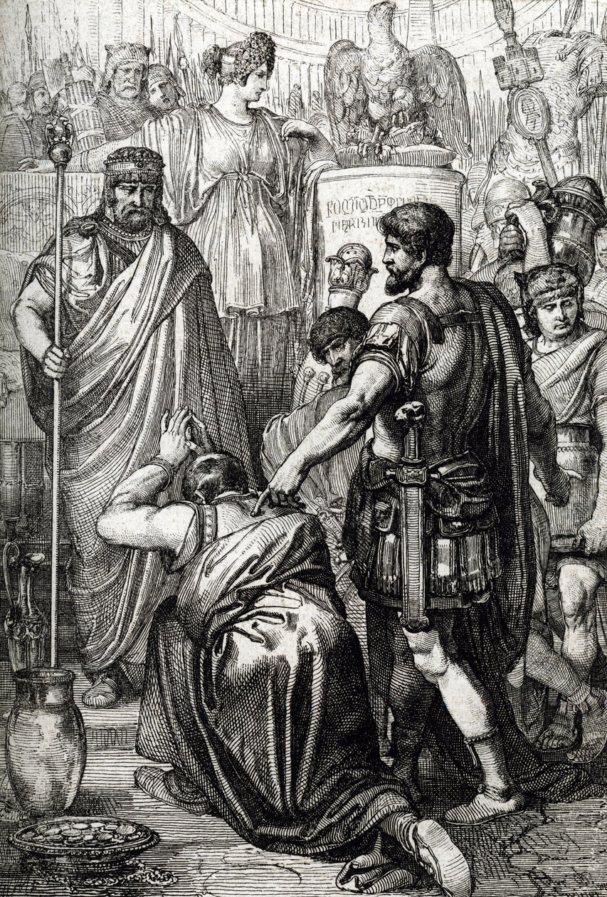 Vandalská válka: „“Vzdání krále vandalů Gelimer klečí před byzantským generálem Belisairem (500-565) v březnu 534, Kartágo, Afrika“ (Vandalová válka: vandalský král Gelimer se vzdává generálu Belisariovi, 534, Afrika) Kresba nakreslené pero od Peter Johann Nepomuck Geiger
