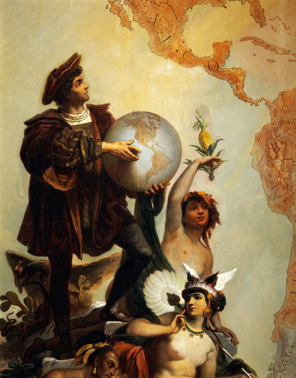 Kryštof Kolumbus (1451-1506), detail z Alegorie na Karla V. Habsburského (1500-1558) jako vládce světa, obraz od Petra Johanna Nepomuka Geigera (1805-1880), Trůnní sál, zámek Miramare, Terst, Friuli-Venezia Giulia, Itálie od Peter Johann Nepomuk Geiger