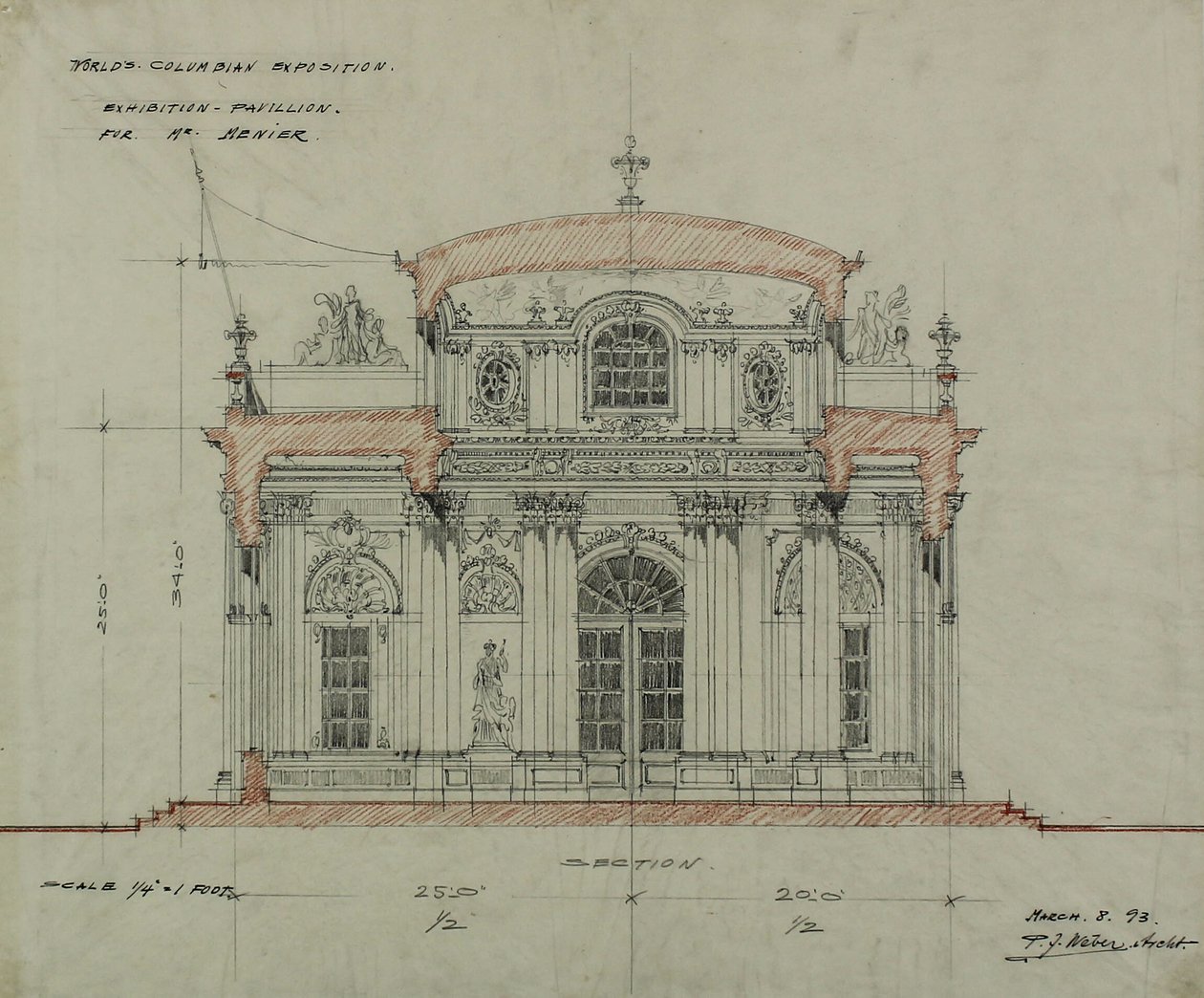 Čokoládovo-menový pavilon, Světová kolumbijská výstava, Chicago, Illinois, náčrtek sekce od Peter Joseph Weber