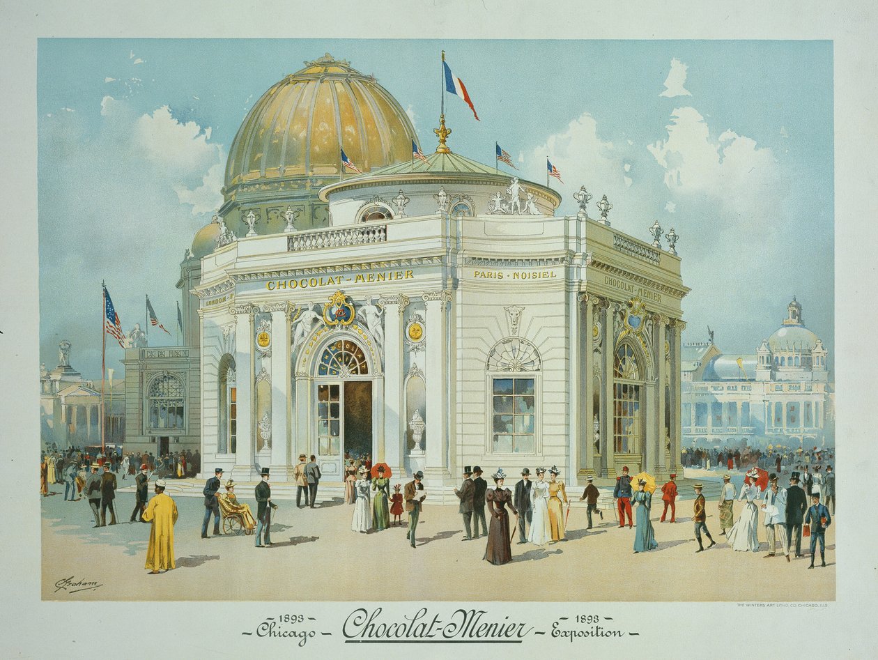 Čokoládovo-menový pavilon, Světová kolumbijská výstava, Chicago, Illinois, pohled z perspektivy od Peter Joseph Weber