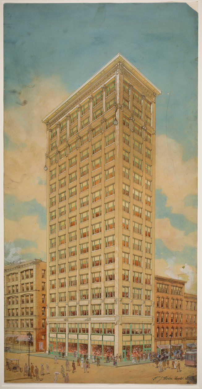 Prairie School Skyscraper, Chicago, Illinois, Perspective, 1910. od Peter Joseph Weber